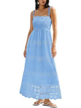〽️Women's Blue Eyelet Floral Maxi Dress Spaghetti Strap Smocked Boho Sundress